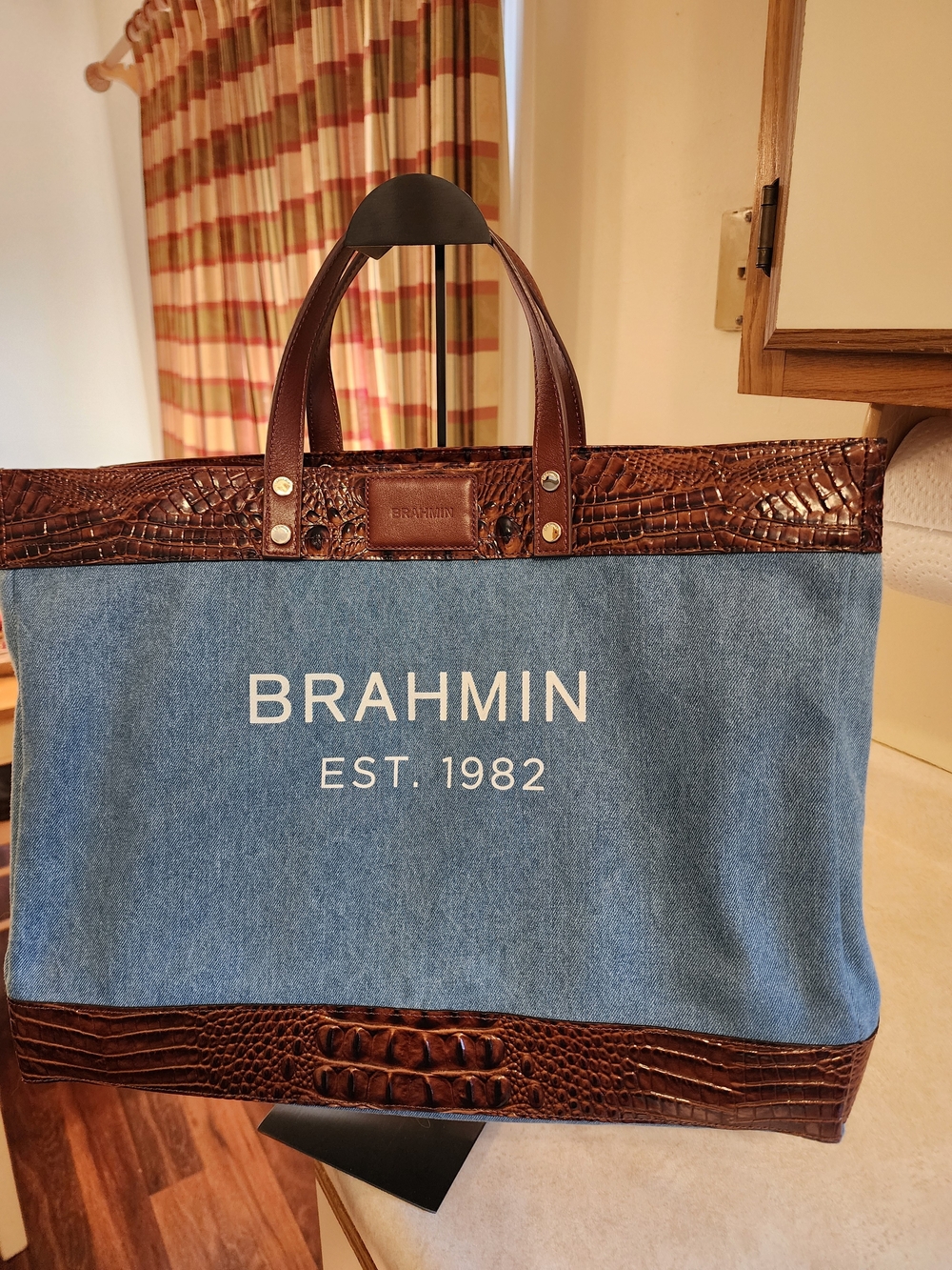 Brahmin Meredith Pecan Soiree tote, featuring denim fabric with brown crocodile-